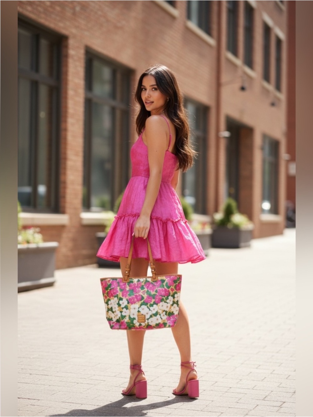 Dooney & Bourke Floral Canvas Tote Bag with Tan Leather Handles - Pink Floral